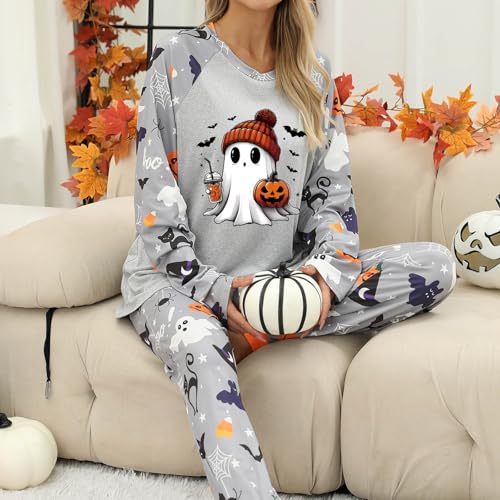 Womens Halloween Pajamas,Halloween Pajamas Women Pumpkin Ghost Print Long Sleeve Fall Pjs Set 2026 *Grey Small - image 4