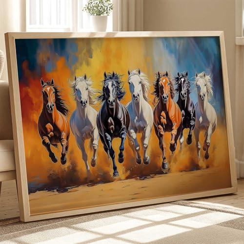 Image of HOTHOUSE Seven Running Vastu Lucky Horse Painting | 7 Horses Vastu Frame Wall Art Painting for Living Room Bedroom Office Home Decor Wall Decor Size (13X17 inch)