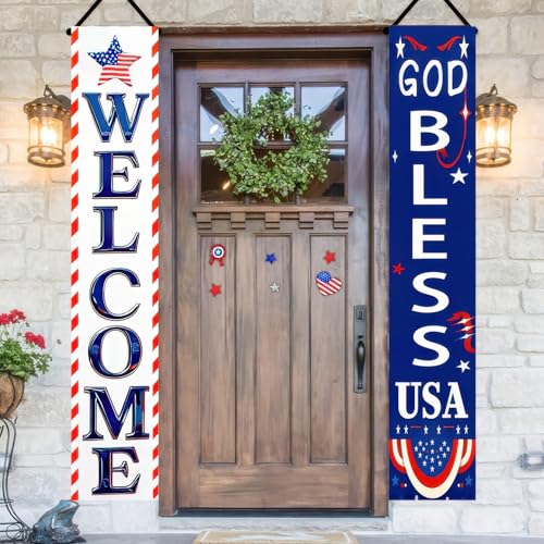 Image of BlissYard 2Pcs Welcome Patriotic Door Banner 4th of July Decorations American Banners Hanging Porch Signs Decor for Independence Memorial Day Veterans Labor Day for Yard Indoor Outdoor Supplies