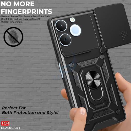 Image of AESTMO Tough Armor Realme C71 Bumper Back Case Cover | Ring Holder & Sliding Camera Shield Cover | 360 Degree Protection Back Case Cover for Realme C71 (Black)