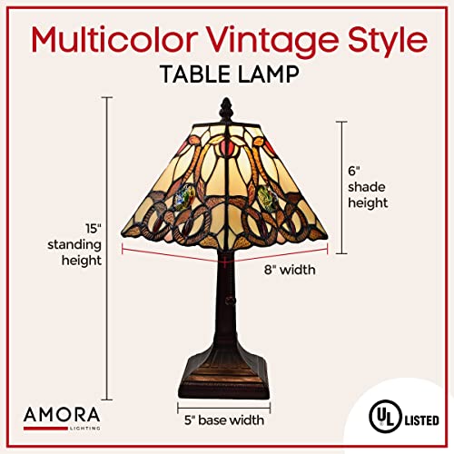 Amora Vintage Tiffany Table Lamp - Multicolor Glass Nightstand Lamp - Table Night Light - 15” Frosted White Stained Glass Lamps For Living Room #TOP1