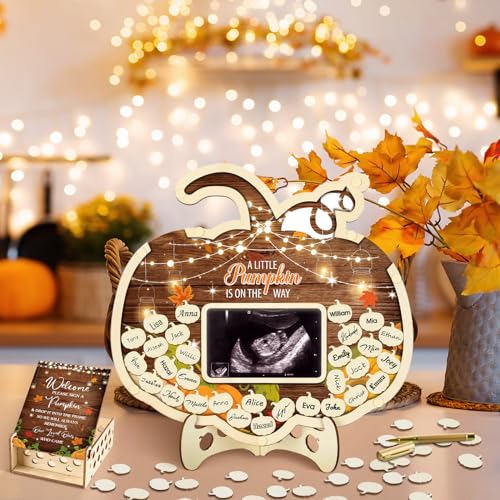 Image of Wenqik 63 Pcs Rustic Little Pumpkin Baby Shower Guest Book Alternatives Set Baby Shower Decorations with Photo Frame Sonogram Frame Keepsake 60 Wood Slices Guest Book for Birthday