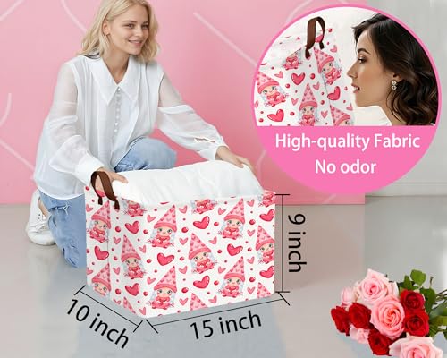 Image of Valentines Day Basket for Kids Heart Shaped Empty Storage Bins for Gifts with Handles Room Decor (Pink Girl Gnome Hug Love)
