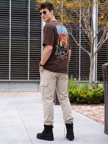 Image of Veirdo Men Bold Front & Back Printed Oversized Fit T-Shirt for Men, Cotton Fabric, Drop-Shoulder Streetwear Casual Graphic Tee, Stylish & Comfortable (OS VD UNTM BRN S)