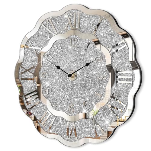 Crushed Diamond Mirrored Wall Clock Silver Modern Crystal Clocks for Bedroom Unique Home Decorative Glass Mirror Hanging Clock for Living Room Office Dining Decor Crushed Diamond Mirrored Wall Clock Silver Modern Crystal Clocks for Bedroom Unique Home Decorative Glass Mirror Hanging Clock for Living Room Office Dining Decor