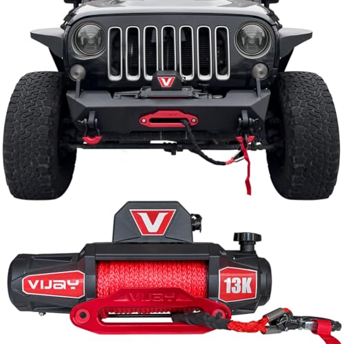 Vijay 12V 13000-lb Load Capacity Electric Truck Winch Kit Synthetic Rope, Waterproof Off Road Winch for Jeep,Truck,SUV with Wirless Remote and Corded Control (Red)