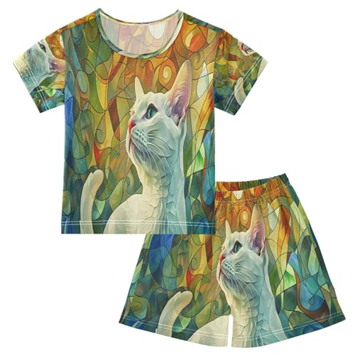 senya Short Sleeve Pajamas Sets Summer Cotton Sleepwear Stained Glass Cat