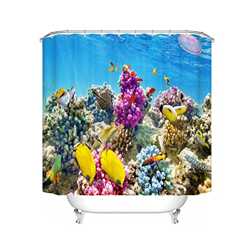 LKFFHAVD Unter Dem Meer Duschvorhang 180x180, Korallenriff Badezimmerteppich 4-teiliges Set, Shower Curtains Wasserdicht Dekorieren Sie Ihr Badezimmer (180 * 200CM,3) – Bild 8