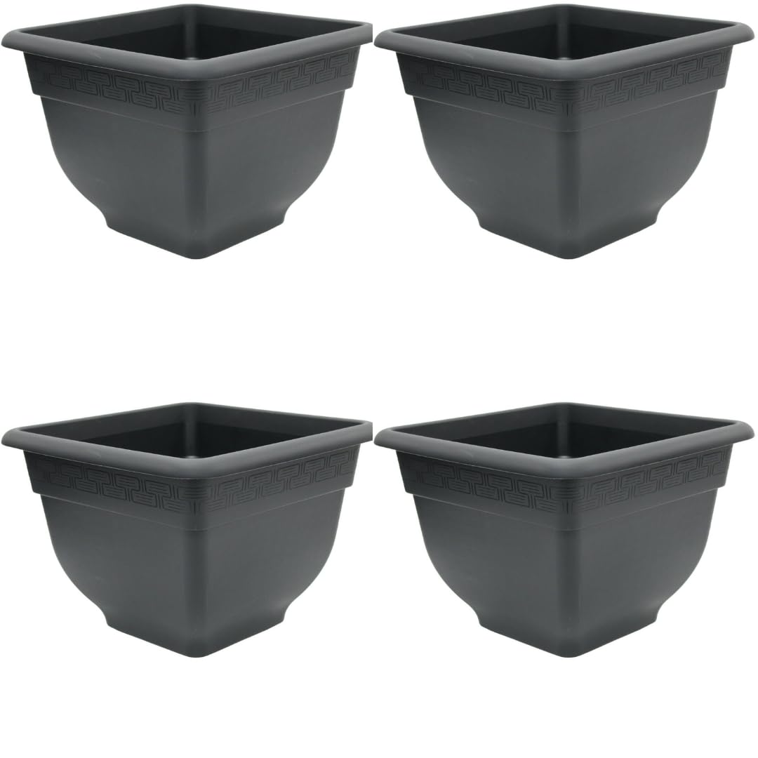 Rammento 4-Pack 37cm Long Large Square Recycled Plastic Planters, Slate Grey | 27cm Tall Stackable Patio Planters with Drillable Drainage | 17L Large Garden Plant Pots for Flowers, Herbs & Shrubs