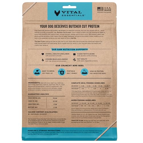 Image of Vital Essentials Freeze Dried Dog Food, Beef Mini Nibs, 14 oz Bag | Crunchy, Complete Meal or Topper, Made With 96% Beef, Organs & Bone, High Protein Raw Nutrition, Grain-Free Recipe