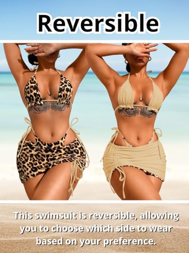 Image of ShawGobow Womens 3 Piece Leopard Bikini Set,Triangle String High Cut Thong Sexy Swimsuit & Coverup Skirt,Pool Party Outfit