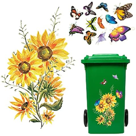 Wheelie Bin Stickers, Sunflower Dustbin Sticker Waterproof Butterfly Flower Stickers Self-adhesive for Wall, Door, Bin, Fridge 2Pcs Cover