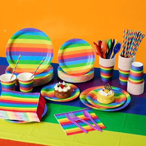 Image of Funnymoom 452 Pcs 50 Guests Pride Party Supplies Decoration, Rainbow Pride Paper Plates Napkins Cups Tablecloth Cutlery Straws Gay Lgbt Disposable Tableware Sets for Rainbow Birthday Table Decoration