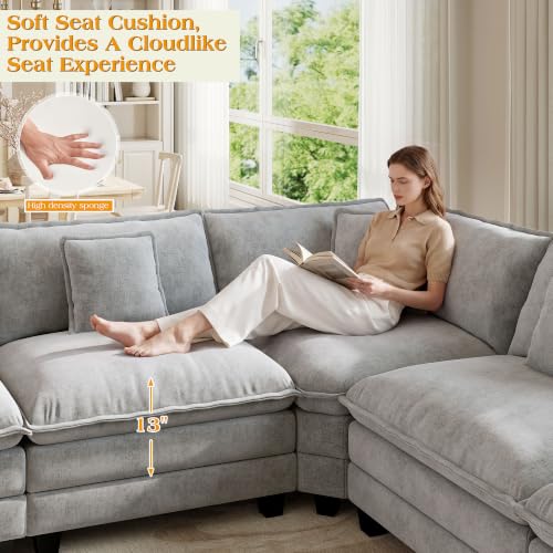 Image of Hanherry Modular Sectional Sofa,Cloud Couch for Living Room,Modern Deep Seat Sofa Chenille Fabric Comfy Couches with Throw Pillows & Movable Ottoman for Apartment