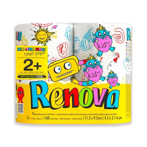 Renova Kids Toilet Paper 4 Rolls Pack - 3 Ply - 160 Sheets per Roll - Soft, Playful, and Ready for...