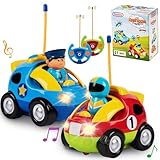 PREXTEX Cartoon Remote Control Car - 2-Pack Police and Race Car Toddler Toys - RC Cars for Kids with Different Frequencies - Easy Remote Control Toy and Thoughtful Gifts for Boys and Girls