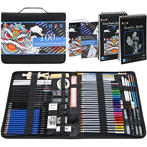 H & B 100pcs Sketching Set with Sketch Pads – Drawing Supplies for Adults and Teens, Watercolour Pencils, Charcoal Pencils, Shading Tools – Ideal Art Gift for Beginners & Artists option