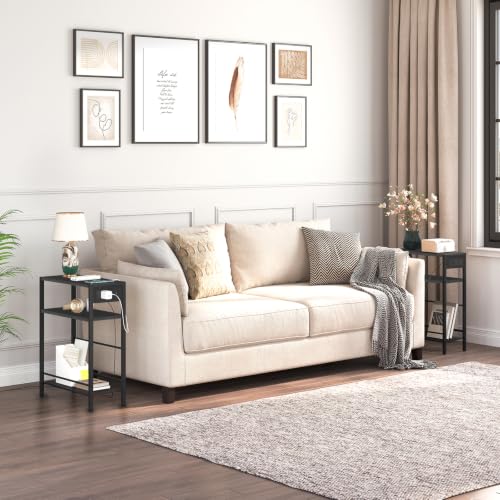 Image of HOOBRO Small Narrow Side Table with Charging Station Set of 2, Skinny End Table for Small Spaces, Slim Nightstand with USB Ports Outlet, Sofa Beside Table with Storage Shelf BB102UBZP201