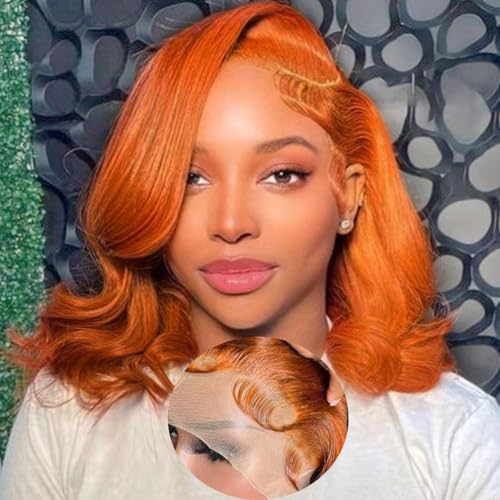 Image of Srakuw Orange Ginger 13X4 Lace Front Wigs Human Hair Pre Plucked Body Wave Human Hair Wigs for Black Women Glueless180 Density HD Lace Frontal Wig (13X4 Lace Ginger Orange Color, 14 Inch)