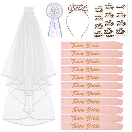 Voile de Mariée Bride to Be 15 Pcs,Evjf Accessoire Team Bride,Écharpe Future Mariée Voile,Badge Future Mariée, Bandeau Diadème,Tatouage Enterrement de Vie de Jeune Fille Accessoires de fête Cover