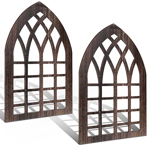 Yulejo 2 Pcs Rustic Window Frame Wall Decor Wooden Farmhouse Wall Decor 15.6'' x 11'' Arched Cathedral Window Home Decor Fake Window Pane Vintage Wall Art for Entryway Living Room Bedroom (Dark Brown)