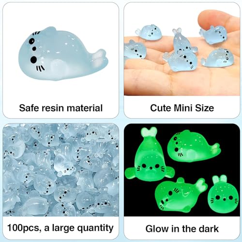 Ferizzia 100 Stück Mini Leuchtende Seehund Harz, Mini-Tierfiguren Aus Kunstharz, Leuchtende Harz Miniaturen Tiere, Niedliche Tiere, für Aquarium, DIY, Landschaft Garten, Puppenhaus