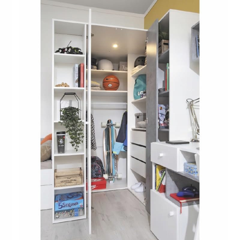 Generisch Begehbarer Schrank SISI SI01 Eckkleiderschrank Kleiderschrank Jugendzimmer (R/L) (Weiss LUX/Beton)