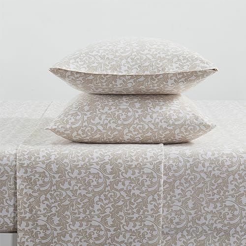 Tahari Home - King Sheets, 4-Piece Cotton Flannel Bedding with Matching Pillowcases, Brushed for Extra Softness, Cozy Home Decor (Scroll Taupe, King)