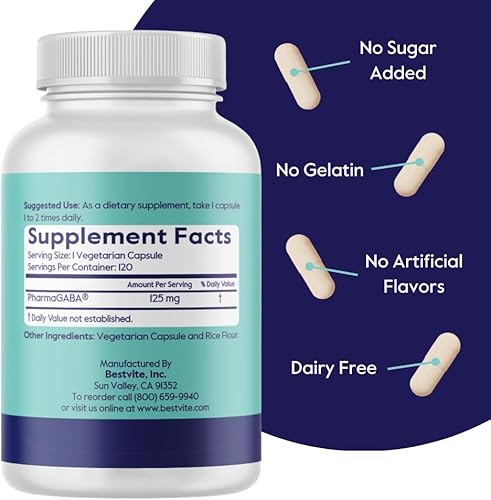 Miniatura 3 de BESTVITE PharmaGABA (120 cápsulas vegetales) - Suplemento natural GABA - Sin estearatos - Vegano - Sin OMG - Sin gluten