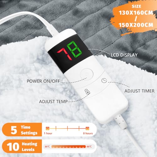 BOMOVA Electric Heated Blanket Single Throw (130x160cm,Grey)-Flannels Fleece Winter Warm Blanket,10-Level Heating & 5 Auto Timer,Cozy Sofa Throw for Home Office,Xmas House Warming New Home Gifts