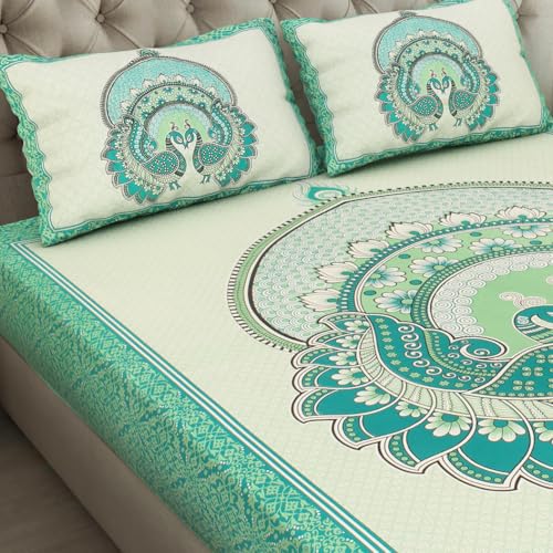 Image of JAIPUR PRINTS 100% Cotton Bedsheet for Double Size Bed Rajasthani Jaipuri Printed with 2 Pillow Covers 90x100 inch 235x215 cm (Green)