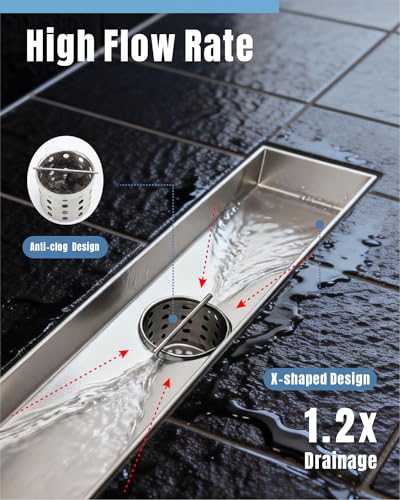 Image of 24 Inch Brushed Stainless Steel Linear Shower Drain | CUPC Certified 2-in-1 Tile Insert for Curbless Showers. 304 Steel, 15.8GPM Flow. Includes Hair Catcher & Adjustable Feet.
