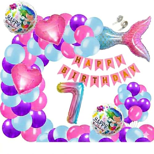 Image of 60 pcs 7th Birthday Decoration for Girls Tail Foil Balloon Garland Rainbow Number Foil Theme Birthday Decorations Aqua Theme Birthday Decorations (Pack of 60, Multi)