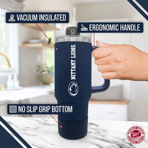 Image of Campus Colors College & University 40 oz Travel Tumbler With Handle - Dual Option Lid With Straw - Vacuum Insulated Stainless Steel (Penn State Nittany Lions - Navy)