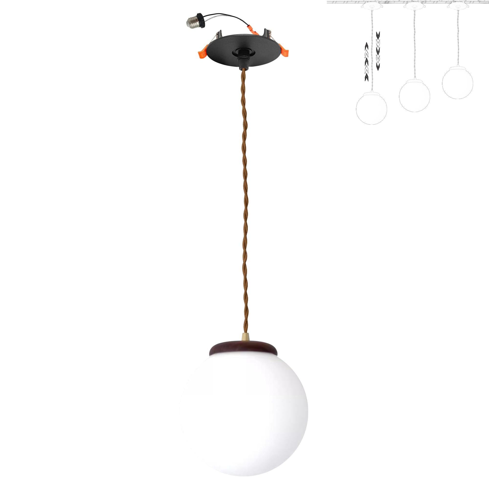 SKIVTGLAMP Can Lights Retrofit Recessed Light Pendants Compatible E26 Adapter for 4~5in Holes Frosted White Globe Glass Shade Natural Walnut Wood Socket Adjustable Height T24 Connector Conversion Kit