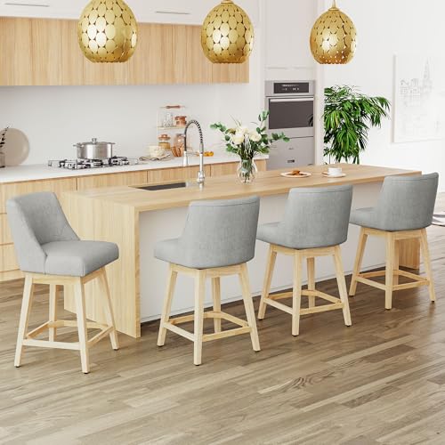Image of Swivel Counter Height Bar Stools Set of 4, Modern Fabric Swivel Barstools with Contoured Back and Solid Wood Legs, Upholstered Counter Stool Bar Chairs for Kitchen Island, Home Bar, Grey