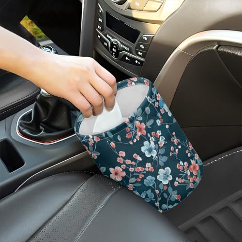 Image of Blue Pink Floral Car Trash Bin Vehicle Trash Can - Portable Reusable Waterproof Multipurpose Car Organizer Road Trip Essentials