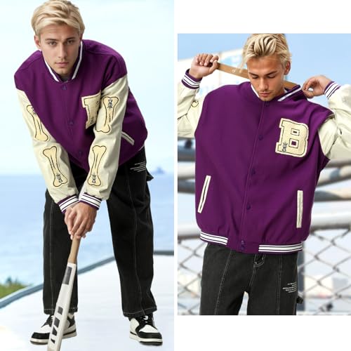 Image of Mens Varsity Jacket Baseball Bomber Jacket Vintage Unisex Streetwear Coats with Patchwork Hipster Utility Tops
