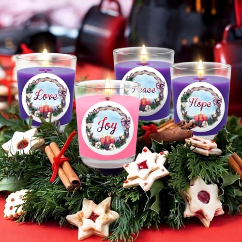 Image of Purple and Pink Christmas Advent Votive Candles in Glass, Unscented 15 Hour Soy Wax Love, Hope, Peace and Joy Candles for Christmas Wedding Table Home Spa Holidays Party, 4 Packs