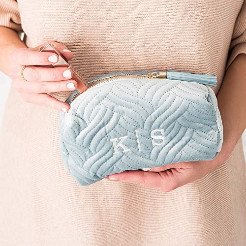 WEDDINGSTAR Small Personalized Velvet Quilted Makeup Bag For Women - Spa Blue4
