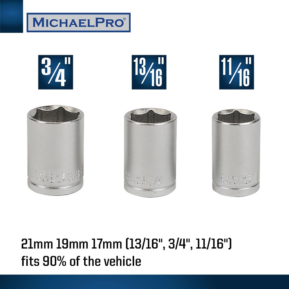 MichaelPro MP001002 Llave de torque Click Through - Llave de torque de 1/2 pulgadas con 3 enchufes (11/16", 3/4", 13/16"/17-19-21 mm) con ajuste micrométrico Precise - 2 en 1 con llave de Lug para