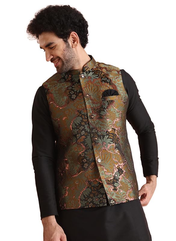 Kisah Mens Nehru Jacket|Silk Blend Fabric Semi-Casual Waistcoat Jacquard Pattern Mens Ethnic Wear|Regular Fit Mandarin Collar Sleeveless, Sage Green, 40