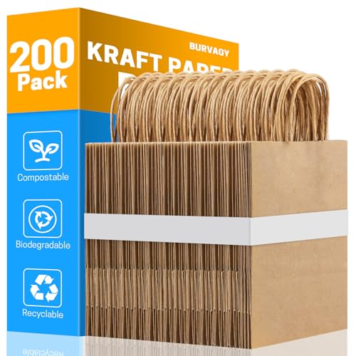 BURVAGY 200Pcs Small Kraft Paper Gift Bags with Handles 5.25x3.25x8.25 Inches Bulk Grocery Retail Party Favor Shopping Bags (Brown)