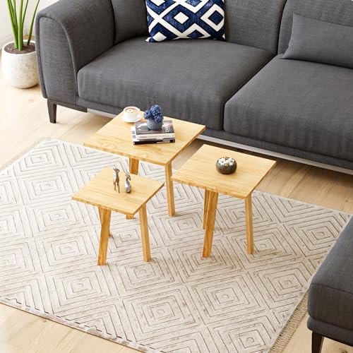 [en.casa] Satztisch Masku 3er Set Wohnzimmertisch quadratisch Naturfarben Beistelltisch Couchtisch Holztisch Sofatisch