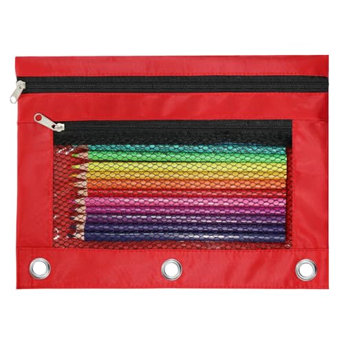 Image of Pencil Pouch for 3 Ring Binder, Heavy Duty Canvas Dual Zipper Pen Bag with Clear Window, Smooth Metal Zipper, Fit Standard 3-Ring Binders for School Office Travel Supplies (Red)