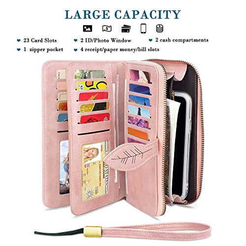 CONISY Womens Wallets Large Capacity, Multi Card Slots Clutch Long Wallet for Women with RFID Blocking (Pink)2