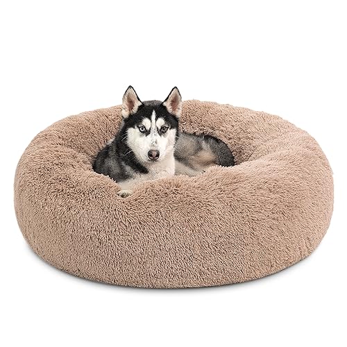 BEDSURE waschbar Flauschiges Hundebett - Ø 91 cm Donut Katzenbett für große Hunde, plüsch Hundebett rund Kuschelbett, Kamel