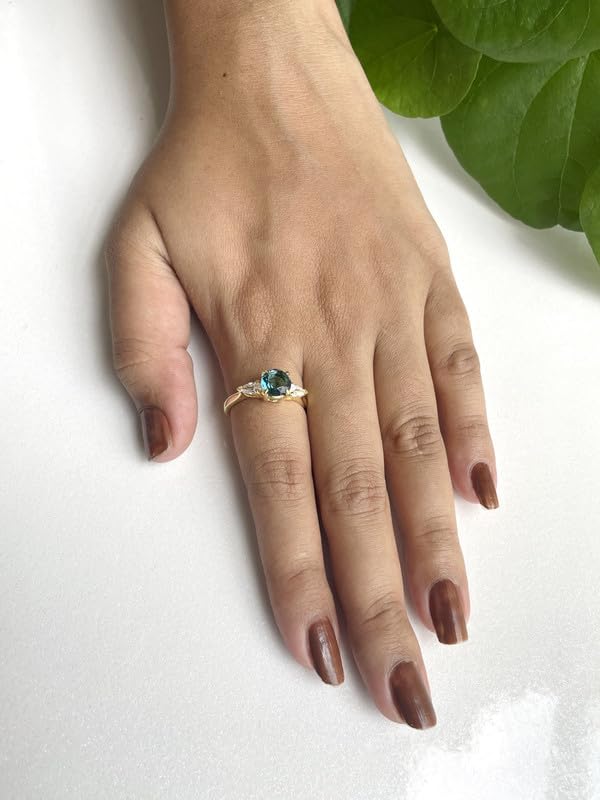 Miniatura 2 de Round & Pear Cut London Blue Topaz And White Diamond 3 Stone Engagement Ring, 14k Yellow Gold Finish Ladies Bridal Three Stone Propose Ring, Topaz &