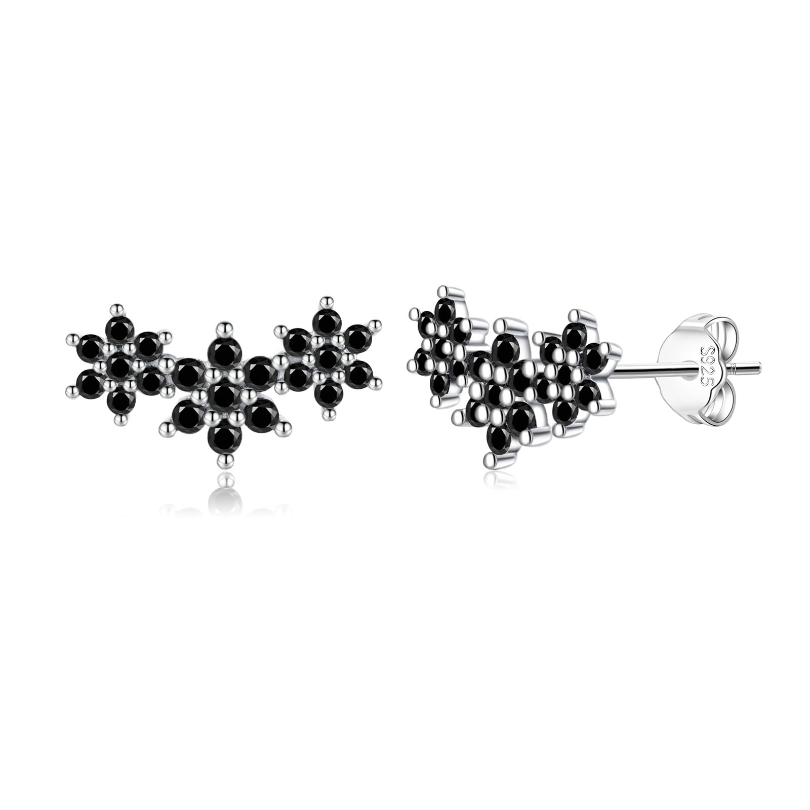 Reffeer Solid 925 Sterling Silver CZ Flower Stud Earrings for Women Teens Black Flower Stud Earrings Spring Cartilage Helix Earrings