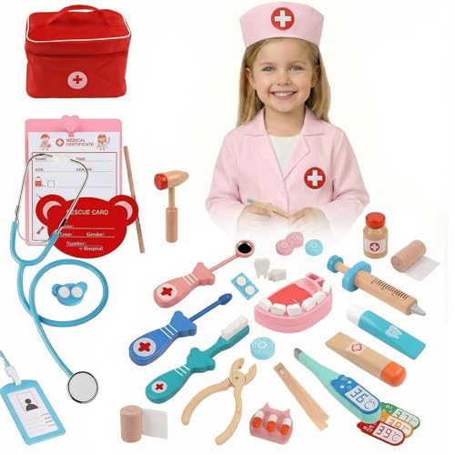 Mallette de Docteur pour Enfants avec stéthoscope, Blouse Blanche et calot, kit médical de Jeu d'imitation de 29 pièces incluant Blouse, Sac, thermomètre...